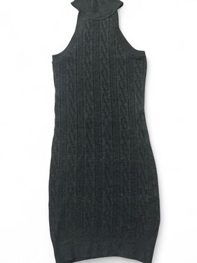 Sleeveless Charcoal Grey Cable-Knit Turtleneck Dress